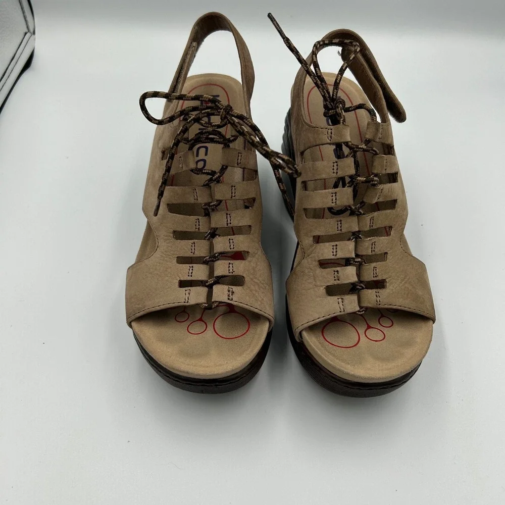 Bionica Wedge Sandals Womens 8 M Tan Leather Lace Up Cage Slingback 4552206
